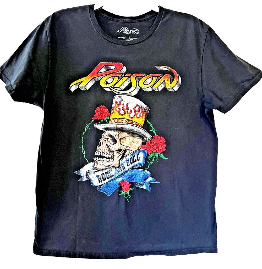 Poison 80's Unisex Black Graphic Skull Rose Tee SIZE LARGE Unisex
